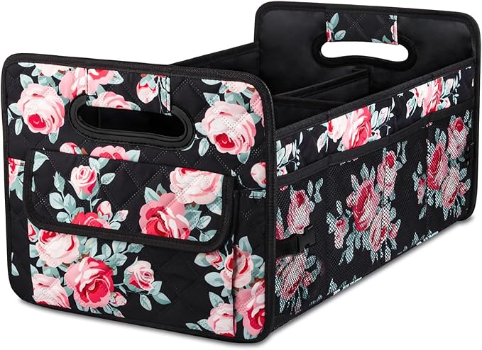 JiatuA Car Trunk Organizers and Storage for SUV, Collapsible Multi Compartment Container Box Adjustable Car Accessories for Women Men, Black Floral