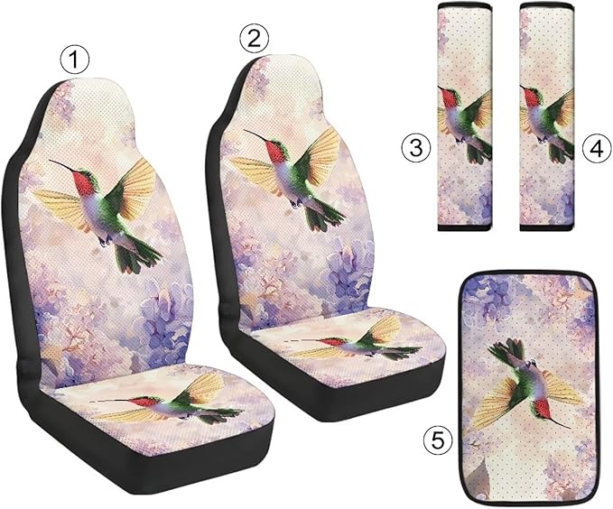 Qeluxign 5 Piece Car Seat Covers Full Set,Hummingbird Lavender Floral Front Seats Cover/Auto Seatbelt Shoulder Pads/Center Console Armrest Cover,Universal Car Accessories Men Women Gifts