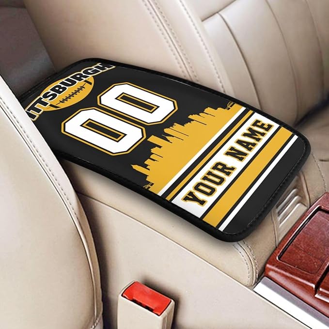 Custom Pittsburgh Car Armrest Covers Personalized Football Style with Name Number Customized Auto Center Console Pad Car Handrail Box Cushion for Most Vehicle Decor Accessories, Fans Gift
