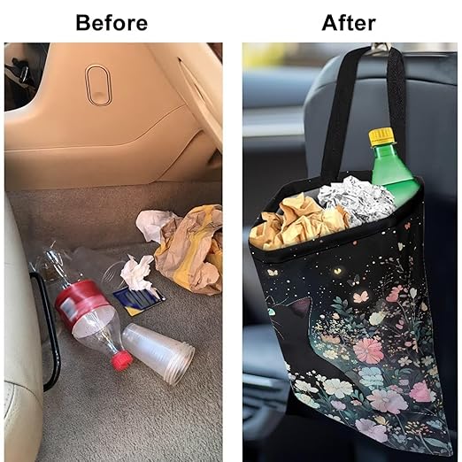 Cat Floral Car Trash Can, Hanging Car Trash Bag, Foldable Garbage Can for Front Back Seat, Multi-Functional Rubbish Bag Storage Pocket, Interior Car Accessories