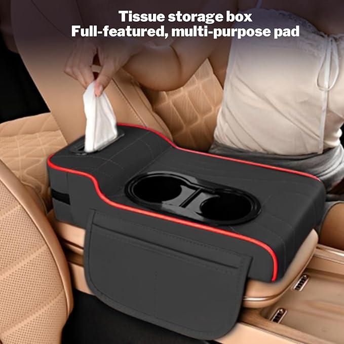 LAFANDE Car Armrest Cushion | Heightening Pad Arm Rest for Car, Center Console Cover with Storage Bags Cup Holder, Tissue Box Slot, Easy to Install and Clean