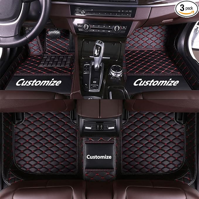 Custom Fit Car Floor Mats - Full Coverage Automotive Leather Floor Liners for Most Vehicles by MingyunSM (Black Red)