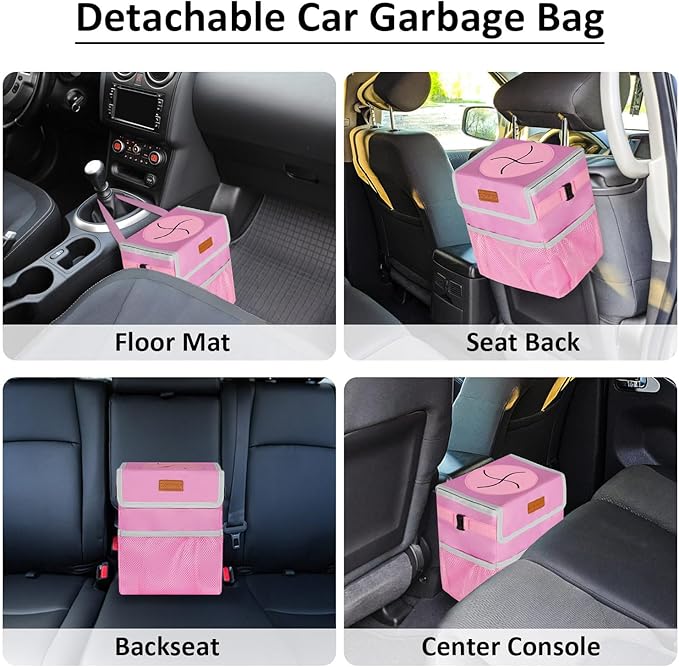 ELONGRIVER Car Trash Can Bin for Back Seat Leak Proof, Cute Car Trash Bag Hanging, Vehicle Trash Can for SUV Truck Van, Automotive Garbage Cans Front Seat Pink