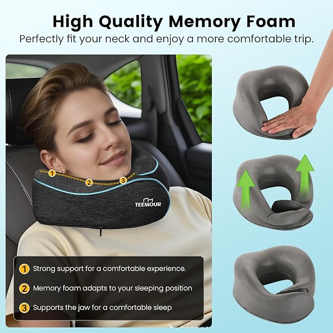 Travel Neck Pillow for Airplane -360° Support, Stocking Stuffers, Memory Foam Travel Pillows for Airplanes With Eye Mask & Earplugs, Portable Carry Bag for Long Flights/Car| Airplane Accessories