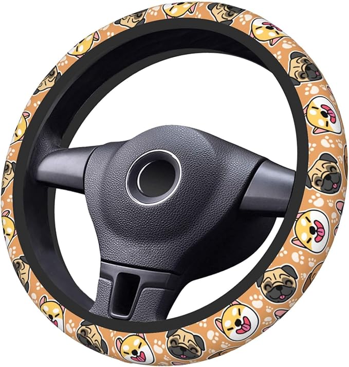 Cute Dog Print Neoprene Steering Wheel Cover Anti-Slip Elastic Pet Face Steering Wheel Protective Cover 15in Universal Car Accessories Fit Cars, SUVs, Auto