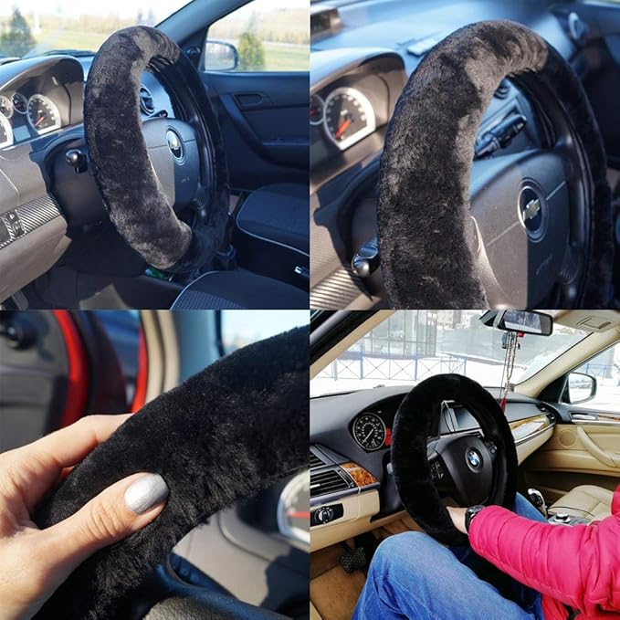 OGLAND Soft Fluffy Plush Sheepskin Car Steering Wheel Cover for Universal Auto Vehicle Women Man 14 1/2 inch-15 1/2inch Fuzzy Accessories Whole Sheepskin Black