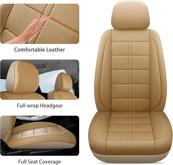 crossmiles Faux Leather Car Seat Covers Full Set, Foam Seat Cover for Car, Universal Car Seat Protector with Waterproof and Breath Fit for Cars, Trucks, SUV, Vans(Beige Square)