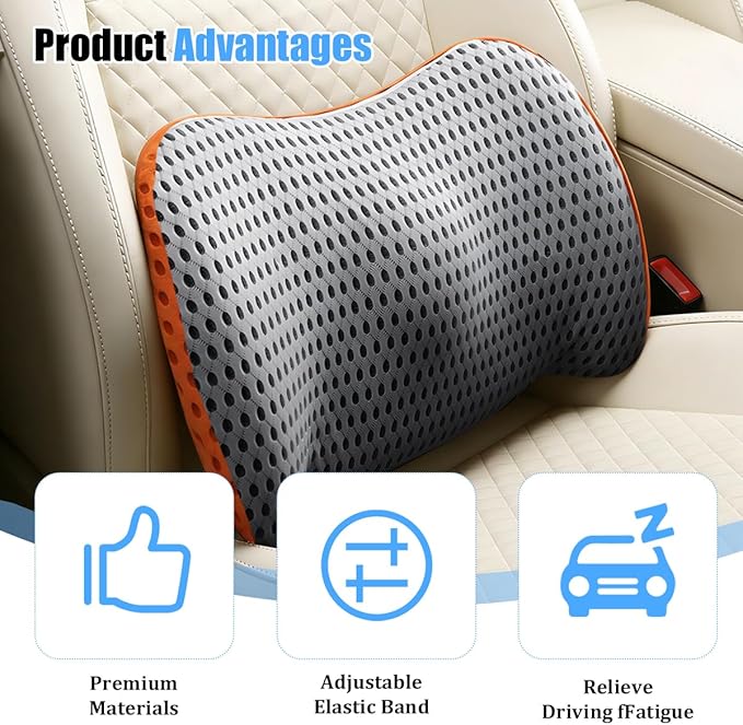 Car Lumbar Support Pillow, Memory Foam Ergonomic Vehicle Lower Back Support Cushion for Back Pain Relief and Sciatica, Automotive Seat Lumbar Pillow, Universal for Vehicles (Gray/Orange)