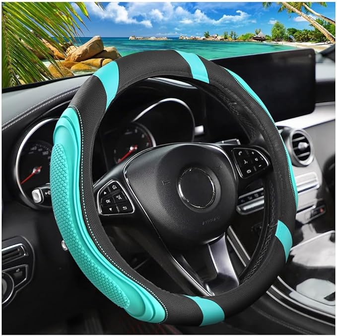15 Inch Car Leather Steering Wheel Cover, Automotive Accessories Elastic Breathable Anti-Slip Soft Wheel Protector Fits Men and Women, Suitable for SUVs, Trucks, Vehicles and RVs (Green)