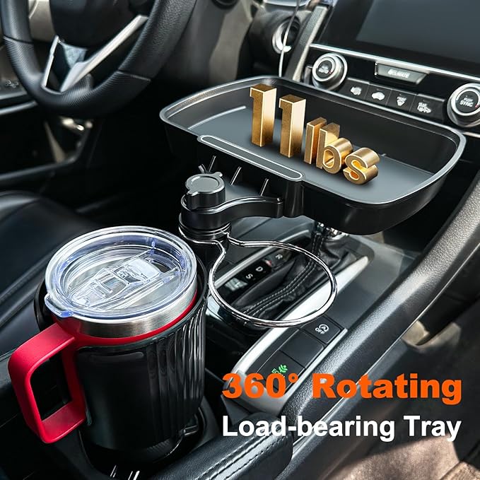 Cup Holder Tray for Car, 360° Rotating Car Tray, Car Food Table Tray for Eating with Solid Base & Phone Slot, Car Cup Holder Expander for Road Trip Essentials for Adults, ATCT-8