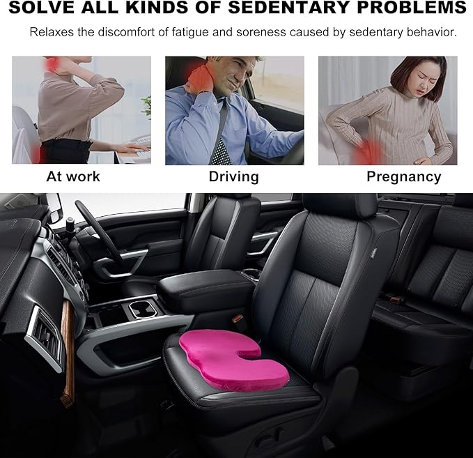Memory Foam Seat Chair Cushion, Comfortable Auto Cushions for Long Periods of Sitting, Pregnancy Car Seat Cushion for Back, Coccyx & Sacrum Pain Relief, Car Accessories (Rose Red)