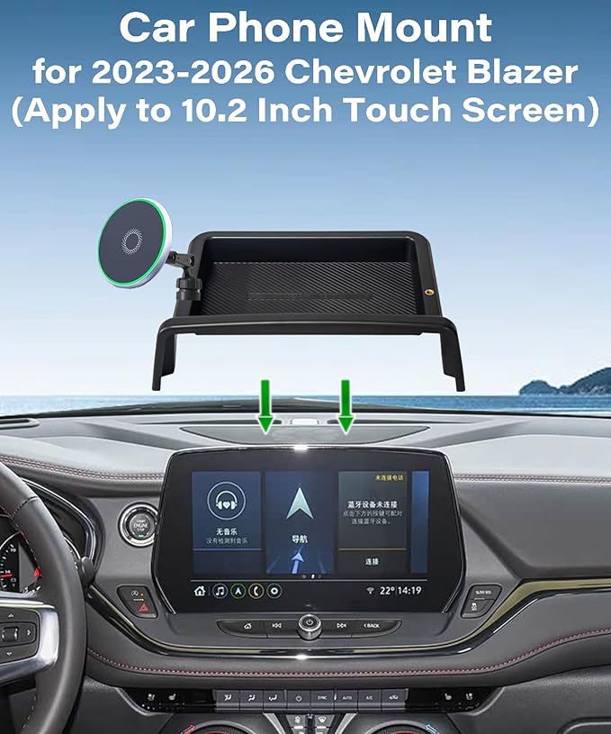 AbeeyGeomarn Car Phone Holder for Chevrolet Blazer 2023 2024 2025 2026 Accessories 10.2 Inch Touch Screen Fixed Clip 15W Fast Wireless Charger Cell Phone Mount with Dashboard Storage Tray