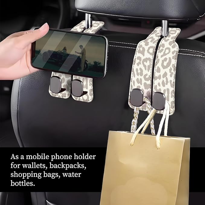 NUGGHU Car Seat Headrest Hook, Universal Leather Cute Hanger Holder Hook, Storage Organizer Interior Accessories for Purse Bags Handbag Luxury Grey Leopard