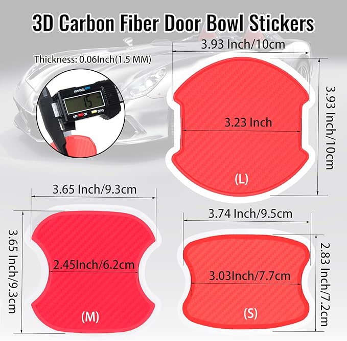 WORCAS 4Pcs Universal 3D Carbon Fiber Car Door Handle Paint Scratch Protector Sticker Auto Door Handle Cups Protective Pad(S-Red)