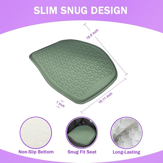 Thin Gel Seat Cushion for Car Seat, Office Chair, Wheelchair, Golf Cart - Non-Slip Car Seat Cushions with 0.7 Inch Gel - Sciatica & Coccyx Pain Relief (Fabric, Green)