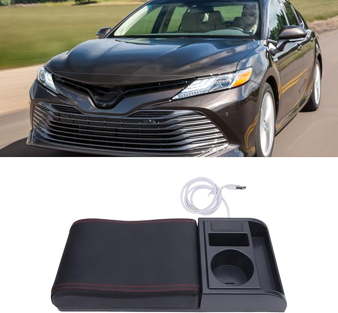 Center Console Armrest Box Cover Adjustable Length with USB Charging Port Cup Holder Universal for Most Vehicles (Red Line)