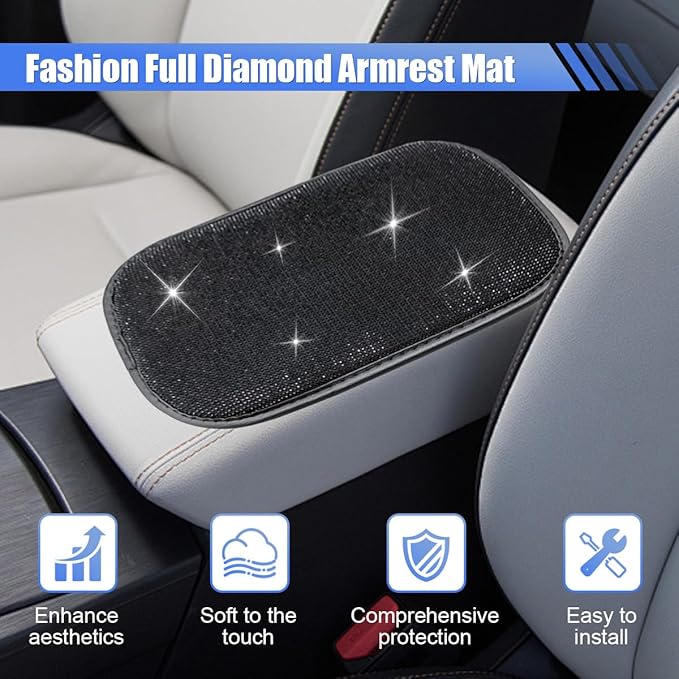 11.9''×8.4'' Bling Car Center Console Cover, Crystal Rhinestone Arm Rest Protective Cushion Pad, Diamond Soft Elbow Pillow, Auto Interior Decoration Accessories for Women Girls (Black)