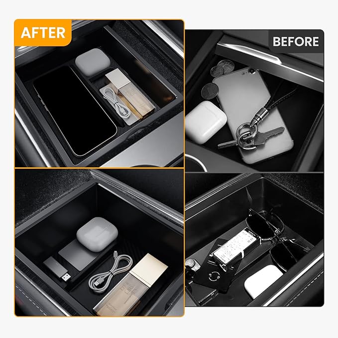 BANKKY Center Console Organizer for Tesla Model 3/Y: 3PCS Center Console Storage Hidden Box Armrest Tray for Tesla 2025+ New Model Y Juniper & 2024 2025 New Model 3 Highland with Non-Slip Material