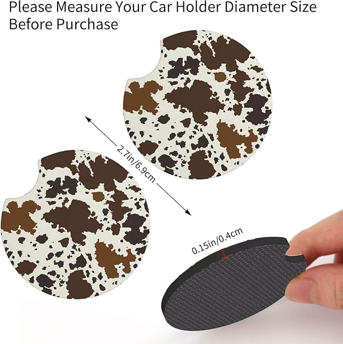 Brown Western Cow Print Steering Wheel Cover for Women Men with 2 Pcs Car Coasters, 15 Inches Neoprene Anti-Slip Cute Universal Car Accessories Protective Cover for Vehicle