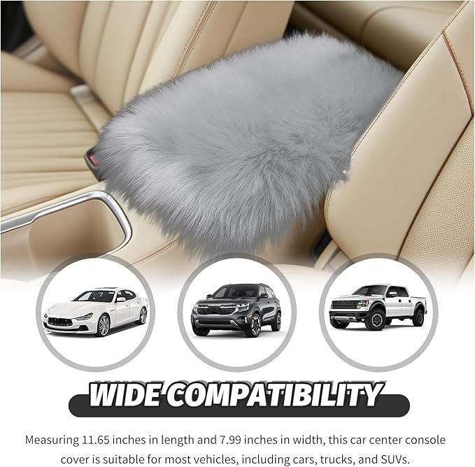 Soft Car Center Console Cover,Fluffy Arm Rest Cover for Car with Elastic Straps to Relieve Fatigue,Cars Armrest Cushion Universal Cars Decorations for Vehicles SUVs Trucks (Gray)