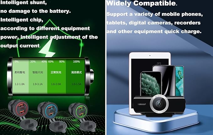 3 Ports 18W USB Car Charger with Switch, 12-24V Dual QC 3.0 USB & PD USB C Cigarette Lighter Socket Outlet, Dashboard Mount Quick Charge Charger for Car Truck Marine Boat, Green Light