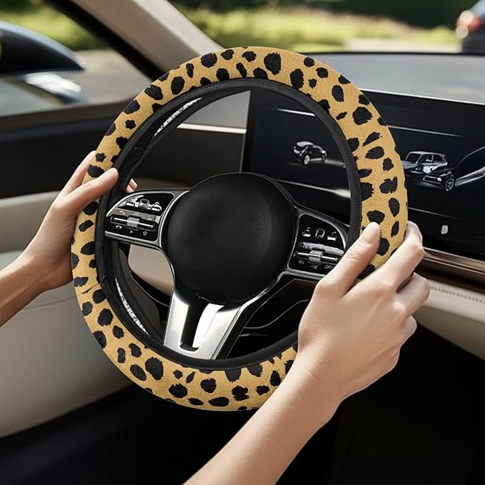 Universal Non-Slip Steering Wheel Cover, 15-inch Polyester Material Driving Accessories, Adjustable for Car and Truck(Classic Amber Leopard)