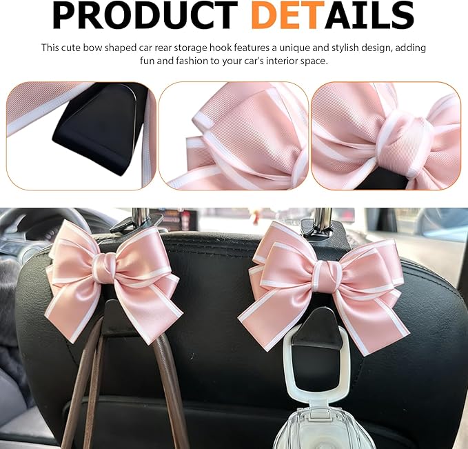 2 PCS Car Seat Headrest Hooks, Bow-Shaped Design Back Seat Storage Hangers, Automotive Purse Hanger for Purses, Bags, Umbrellas, Universal for Most Cars (Pink)
