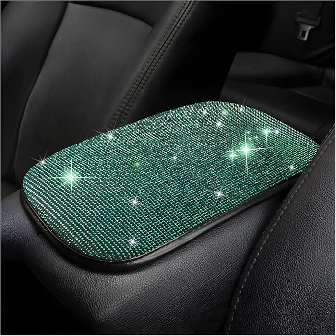 Bling Center Console Cover, Diamond Fashion ArmRest Pad, Crystal Soft Arm Rest Protective Cushion, Car Accessories for Women Girls, 11.8"×8.5" for Most of Vehicles, SUVs, Trucks (Black&Green)