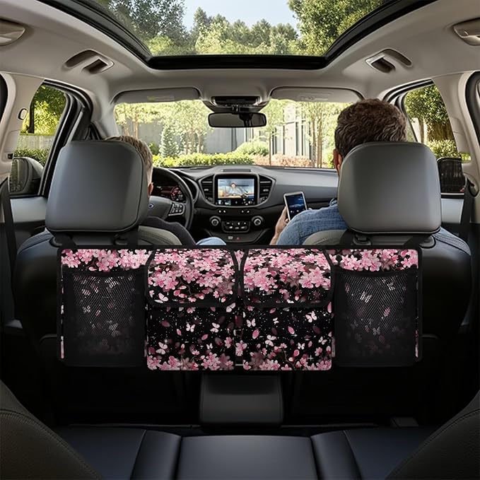 Cherry Blossom Car Trunk Organizer, Oxford Backseat Storage Bag with 4 Pockets, Adjustable Large Capacity Hanging Collapsible Bag for Most Vehicles, Universal Car Accessories