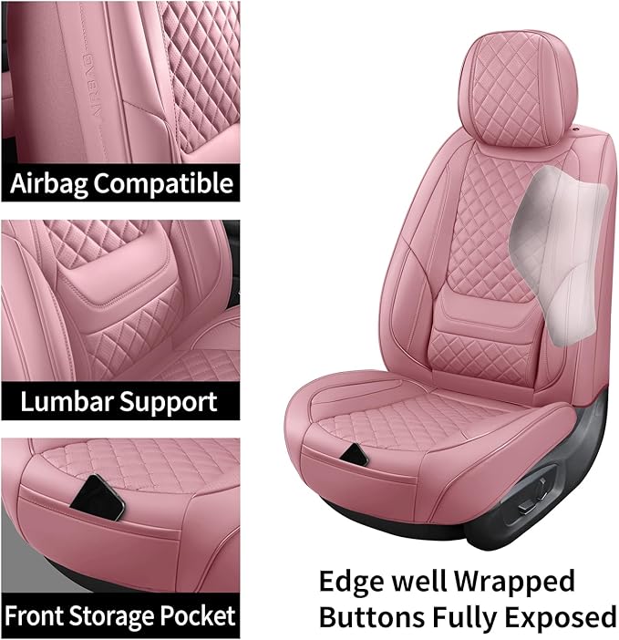 hoozoom Leather Car Seat Covers Full Set Breathable Automotive Seat Covers Waterproof Seat Protectors Universal Fit for Most Automotive Cars SUV Trucks Van (Pink, Full Set)