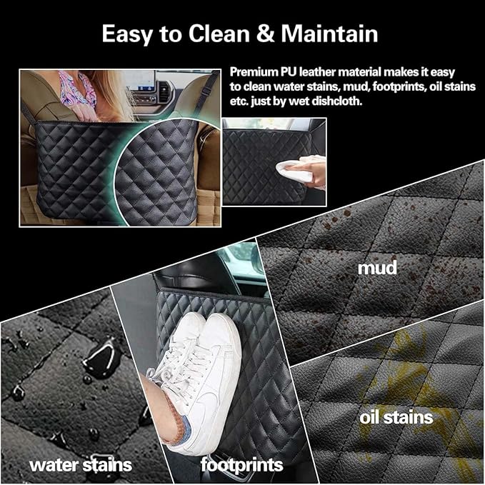 Car Net Pocket Handbag Holder Between Seats, Large Capacity Car Bag Purse Holder, with 2 Headrest Hooks, Heightened Front Railing, Leather Material, Reinforced Wiring, Rear Backseat Organizer