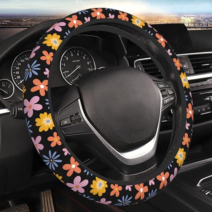 Vintage Daisy Neoprene Steering Wheel Cover Anti-Slip Elastic Flower Floral Steering Wheel Protective Cover 15in Universal Car Accessories Fit Cars, SUVs, Auto