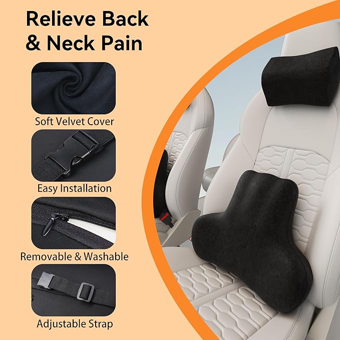 Car Lumbar Support & Neck Pillow Set, High-Density Memory Foam Headrest and Soft Back Pillow for Driving, Ergonomic Vehicle Back Support, Adjustable Vehicle Head Rest Pillow, Black Car Accessories