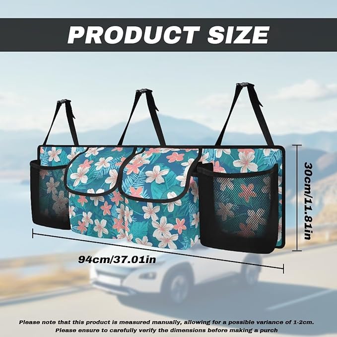 CLOHOMIN Hibiscus Trunk Organizer for Car Palm Leaves Car Backseat Hanging Organizer for SUV Van Cargo Storage Collapsible with 4 Pockets Adjustable Straps