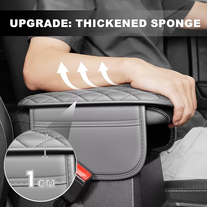 Upgraded Car Center Console Cover Fit for Tacoma Faux Leather Car Armrest Cover Cushion with 2 Storage Bags,Car Armrest Storage Box Interior Accessories(Grey&Whiteline)