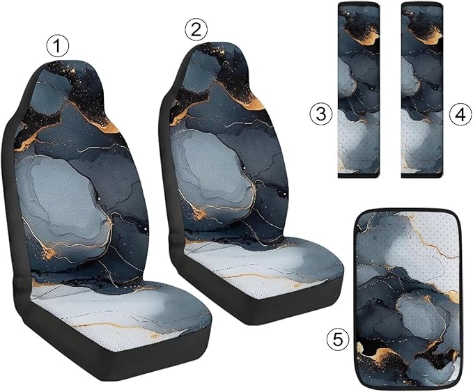 Qeluxign Marble Air Mesh Car Seat Covers & Accessories 5-Piece Set 2 Seat Covers, 2 Shoulder Belt Pads, 1 Console Pad PU Leather Car Interior Set for Women