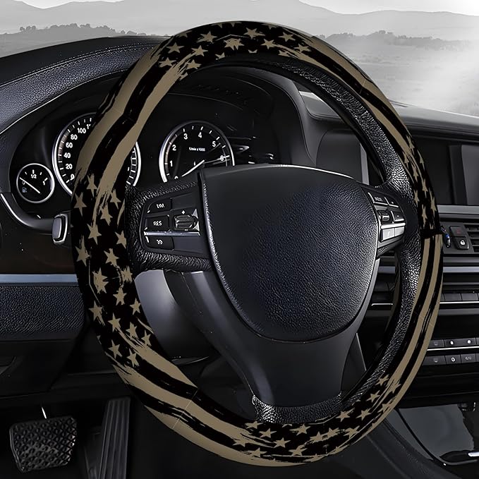 Steering Wheel Covers for Car, Truck, and SUV, Cute Non-Slip Breathable Elastic Steering Wheel, Car Accessories, Universal 15 Inch Leather Cover for Men Women American Flag Stripes