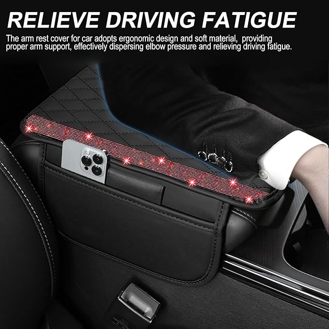 NBTEPEM Bling Car Center Console Cover, Leather Car Arm Rest Cover Cushion with 2 Storage Bags, Universal Automotive Armrest Protector Storage Box, Bling Accessories Interior for Most Vehicles (Red)