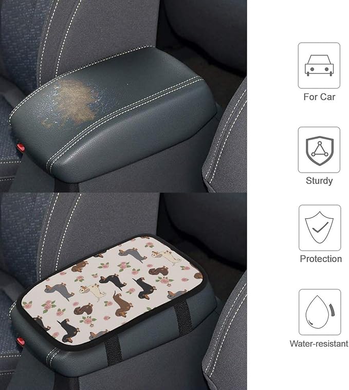 Car Armrest Cover Cute Dachshund Floral, Soft Cushion Pad for Auto Center Console Handrail Box, Universal Fit for Most Cars