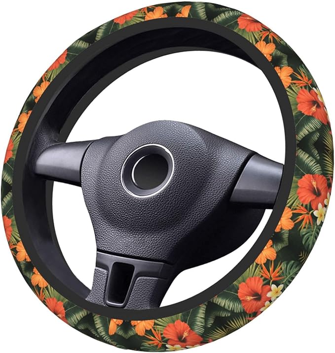 Neoprene Steering Wheel Cover Hawaiian Floral Print Car Steering Wheel Cover Universal Fit for Most Cars