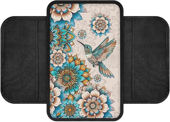 BIGCARJOB Hummingbird Lotus Armrest Cover for Car Center Console Auto Interior Accessories Boho Lotus Center Console Armrest Pads Car Armrest Seat Box Cover Cushion,Universal Fit