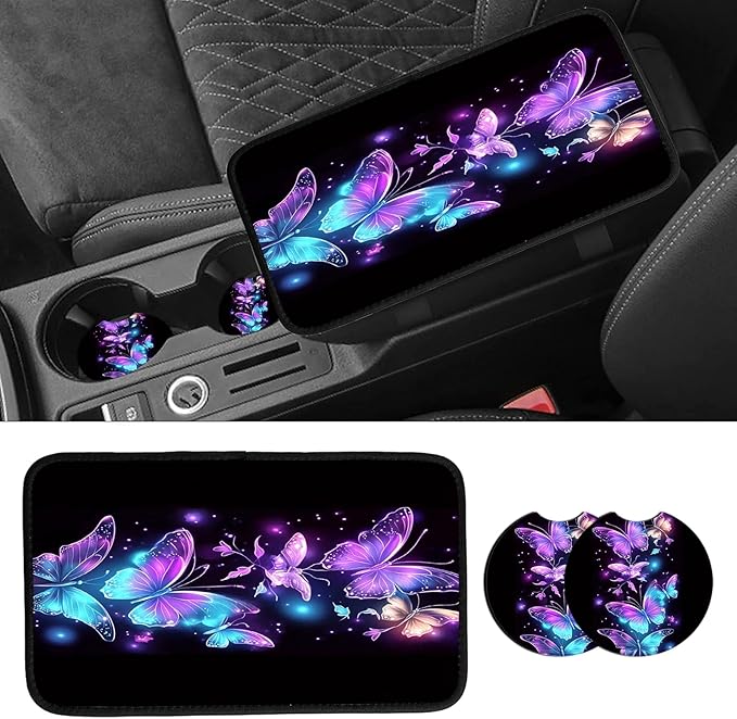 JANENFNA Car Armrest Cover Pads Universal Fashion Cute Auto Center Console Armrest Cover Pad with 2PCS Car Coasters Soft Waterproof Car Armrest Seat Protector for Women,Purple Butterfly