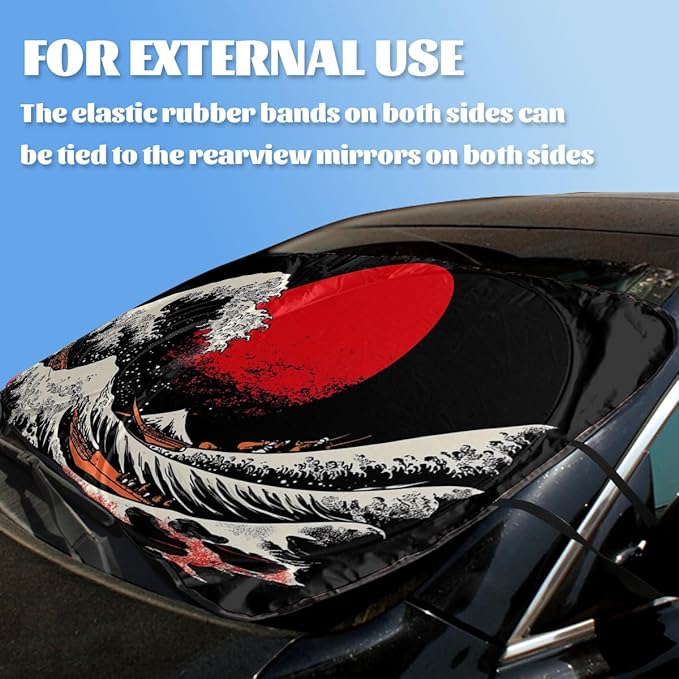 Japanese Car Window Sun Shield Ocean Waves Great Wave Red Sun Front Window Sun Shade Block UV Rays Sun Shade Visor Protector for Car Sedan Truck SUV Accessories 59" L x 31.5" W
