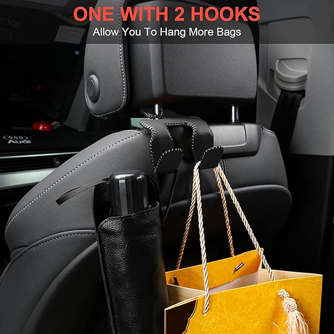 AMVOYOA Car Purse Hook, 2 in 1 Car Seat Headrest Hooks Durable Hanger Storage Holder Leather Organizer for Hanging Grocery Bags, 2 Pack, Brown