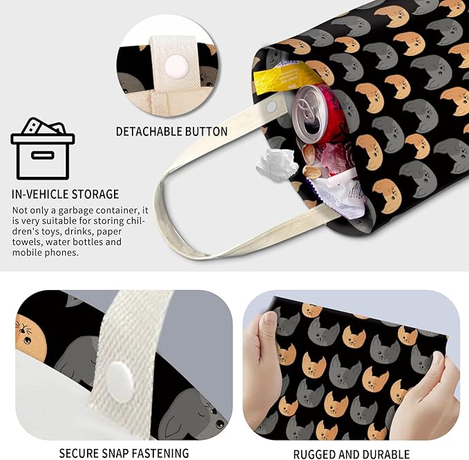 AXZOPDE Cute Car Trash Can, Hanging Canvas Car Back Seat Organizer and Storage Bag, Funny Car Trash Bag for Travelling, Outdoor Funny Grey Yellow Cats