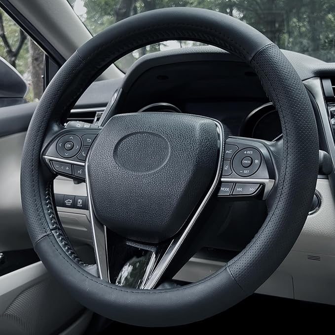 Mihecor Steering Wheel Cover 15.5 inch, Non-Slip Car Wheel Protector for F-150 Tundra Range Rover, Breathable Microfiber Leather, Black