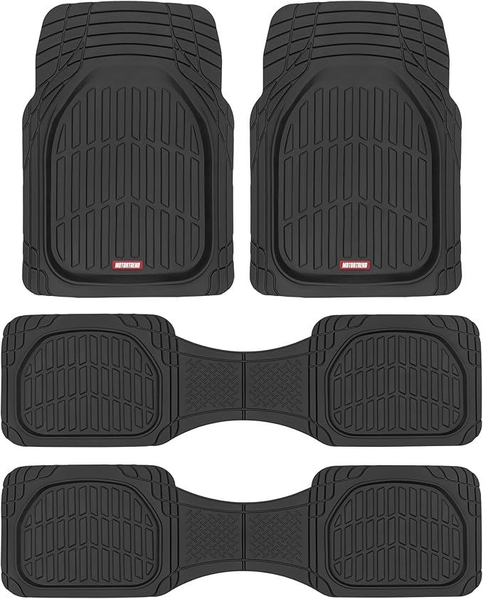 Motor Trend Original FlexTough Black Rubber Car Floor Mats for 3 Row Vehicles, Front & Rear 2nd Row Deep Dish All Weather Automotive Heavy Duty Trim to Fit, Automotive Liners for Cars Truck Van SUV