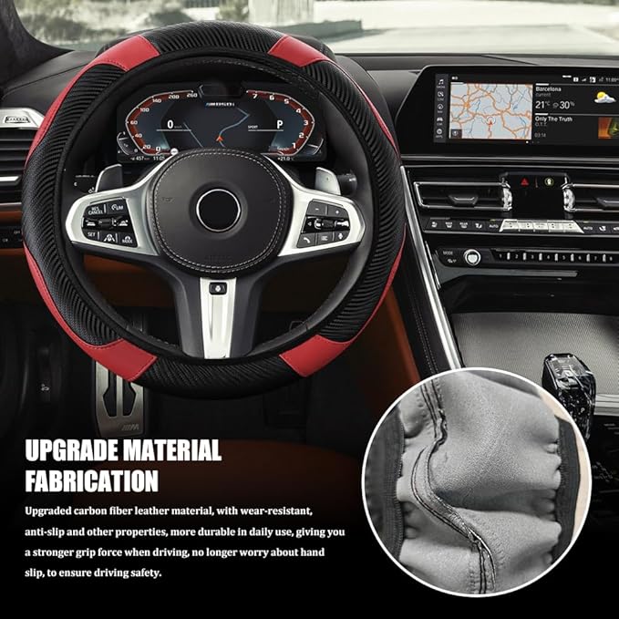Car Steering Wheel Cover, Steering Wheel Cover Protector, 15 Inch Carbon Fiber Microfiber Leather Elastic Steering Wheel Protector, Car Steering Wheel Accessories for Vehicles (Black red)