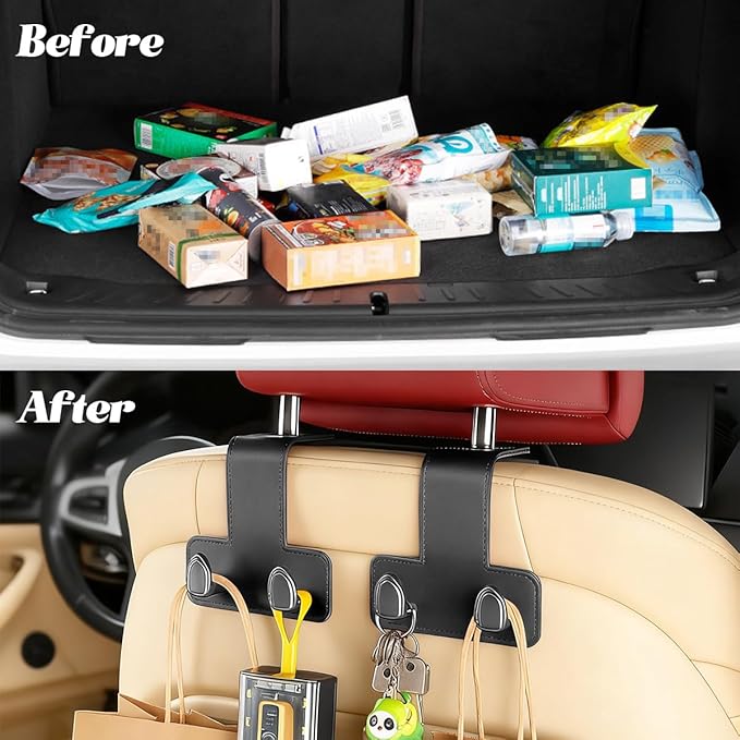 2PCS Car Headrest Hook, Dual Hook Leather Vehicle Back Seat Storage Organizer for Handbag Purse Hat, Multifunction Automotive Seat Back Hanger Holder, Universal for Most Vehicles (Black)