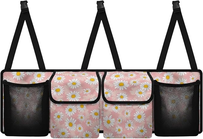 CLOHOMIN Daisy Car Trunk Organizer for Sedan Truck SUV Pink Auto Trunk Mesh Storage Easy to Install Car Rear Seat Hanging Storage Bag Auto Accessories